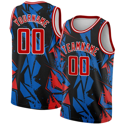Custom Black Red-Blue 3D Pattern Design Geometric Shapes Authentic Basketball Jersey - Sky-Custom