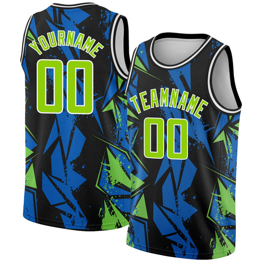Custom Black Neon Green-Blue 3D Pattern Design Geometric Shapes Authentic Basketball Jersey - Sky-Custom