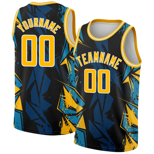 Custom Black Gold-Blue 3D Pattern Design Geometric Shapes Authentic Basketball Jersey - Sky-Custom