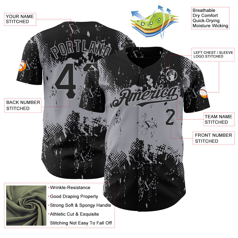 Custom Black Gray 3D Pattern Design Abstract Splatter Grunge Art Authentic Baseball Jersey - Sky-Custom