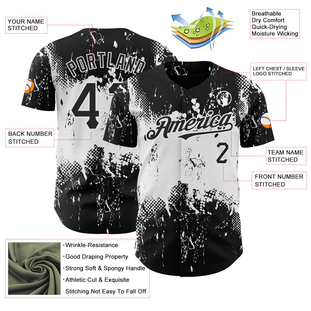 Custom Black White 3D Pattern Design Abstract Splatter Grunge Art Authentic Baseball Jersey - Sky-Custom