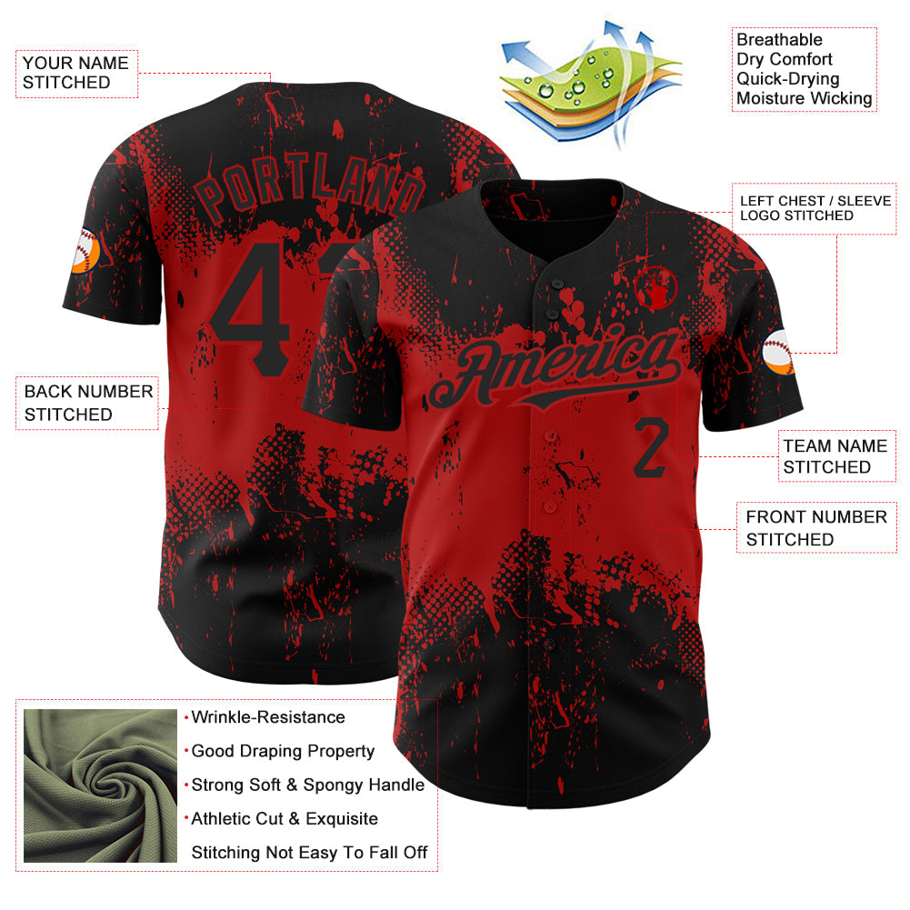 Custom Black Red 3D Pattern Design Abstract Splatter Grunge Art Authentic Baseball Jersey - Sky-Custom
