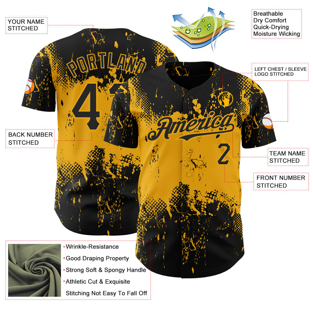 Custom Black Gold 3D Pattern Design Abstract Splatter Grunge Art Authentic Baseball Jersey - Sky-Custom