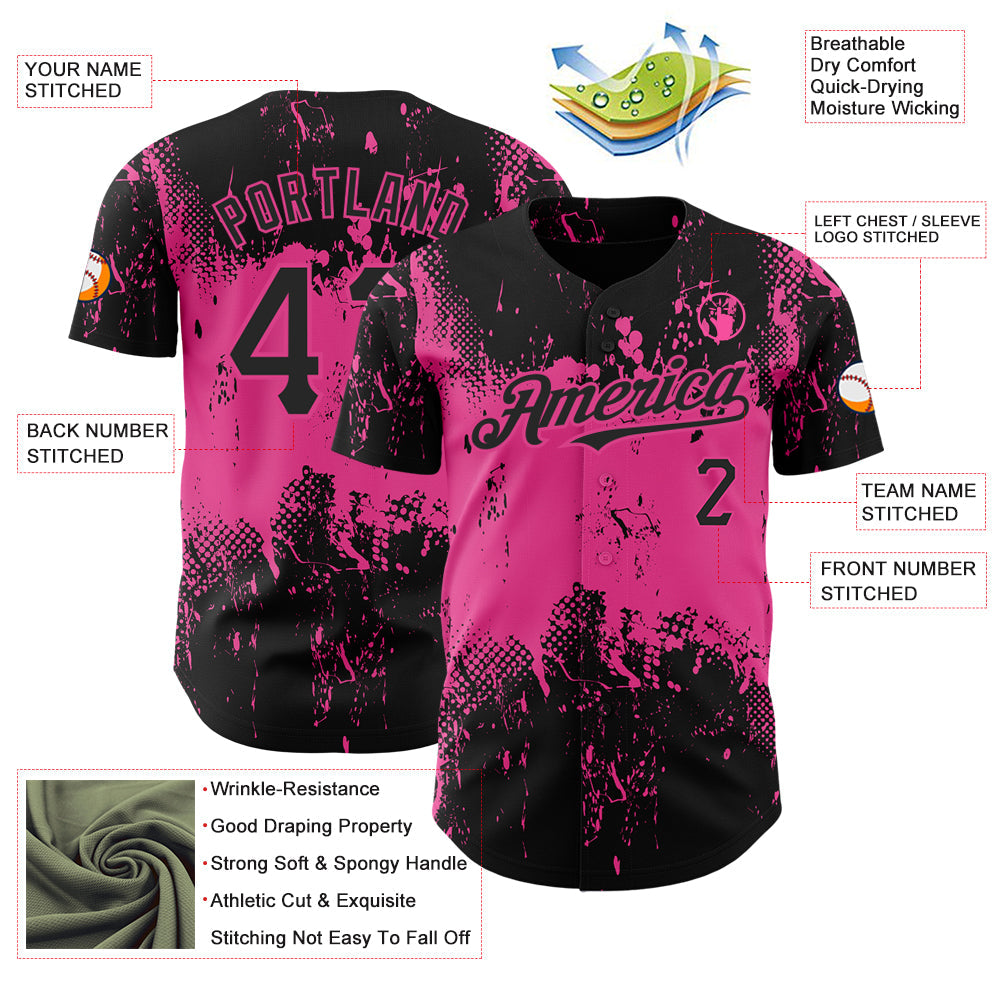 Custom Black Pink 3D Pattern Design Abstract Splatter Grunge Art Authentic Baseball Jersey - Sky-Custom