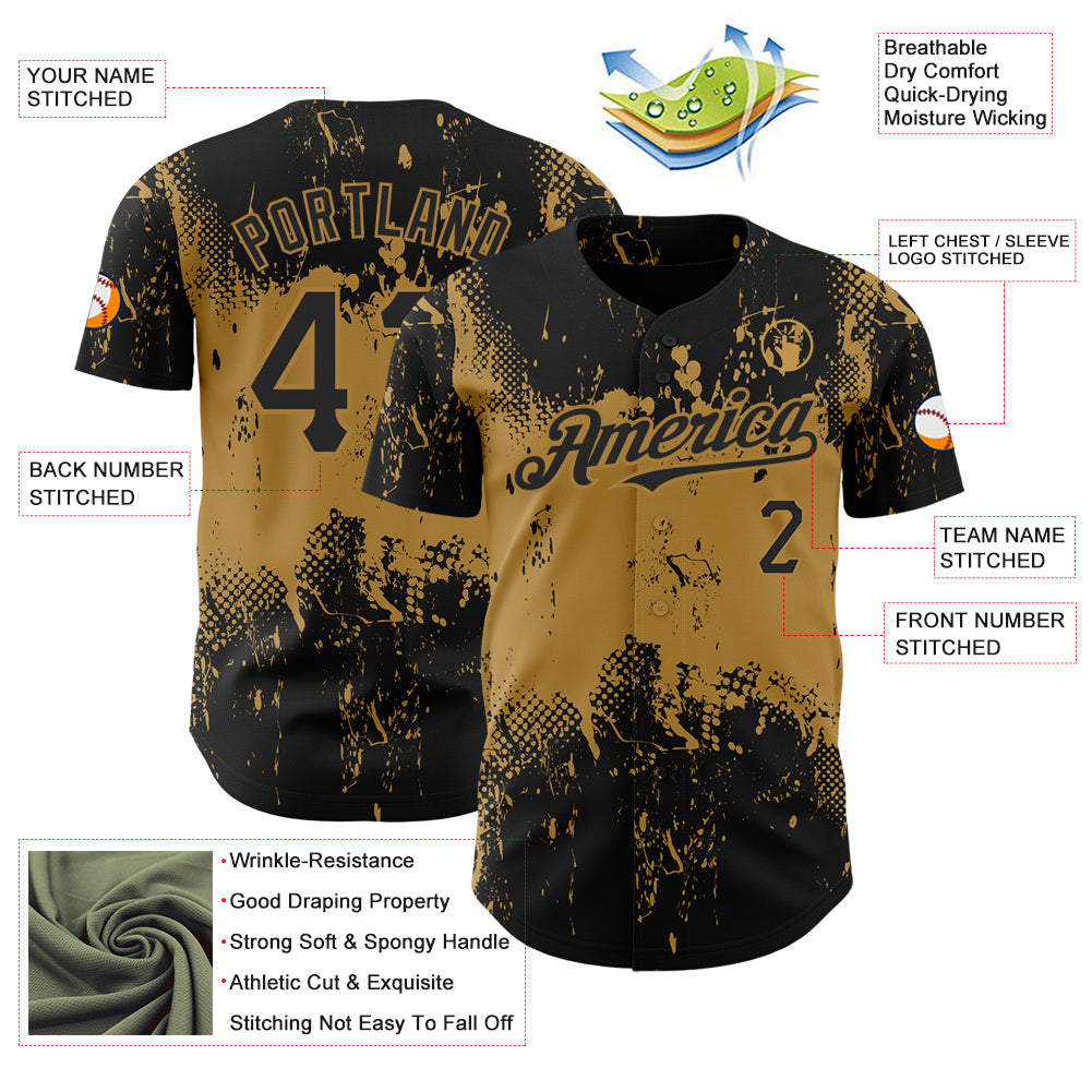 Custom Black Old Gold 3D Pattern Design Abstract Splatter Grunge Art Authentic Baseball Jersey - Sky-Custom