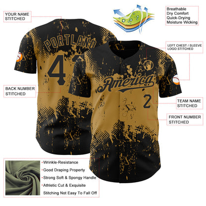 Custom Black Old Gold 3D Pattern Design Abstract Splatter Grunge Art Authentic Baseball Jersey - Sky-Custom