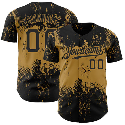Custom Black Old Gold 3D Pattern Design Abstract Splatter Grunge Art Authentic Baseball Jersey - Sky-Custom