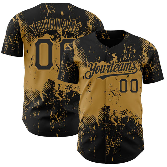 Custom Black Old Gold 3D Pattern Design Abstract Splatter Grunge Art Authentic Baseball Jersey - Sky-Custom