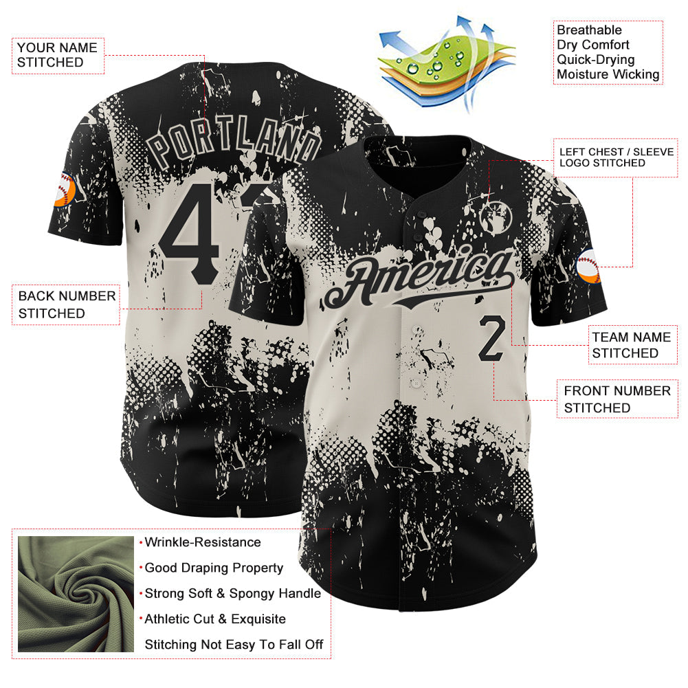 Custom Black Cream 3D Pattern Design Abstract Splatter Grunge Art Authentic Baseball Jersey - Sky-Custom