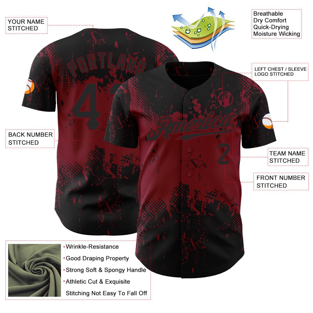 Custom Black Crimson 3D Pattern Design Abstract Splatter Grunge Art Authentic Baseball Jersey - Sky-Custom