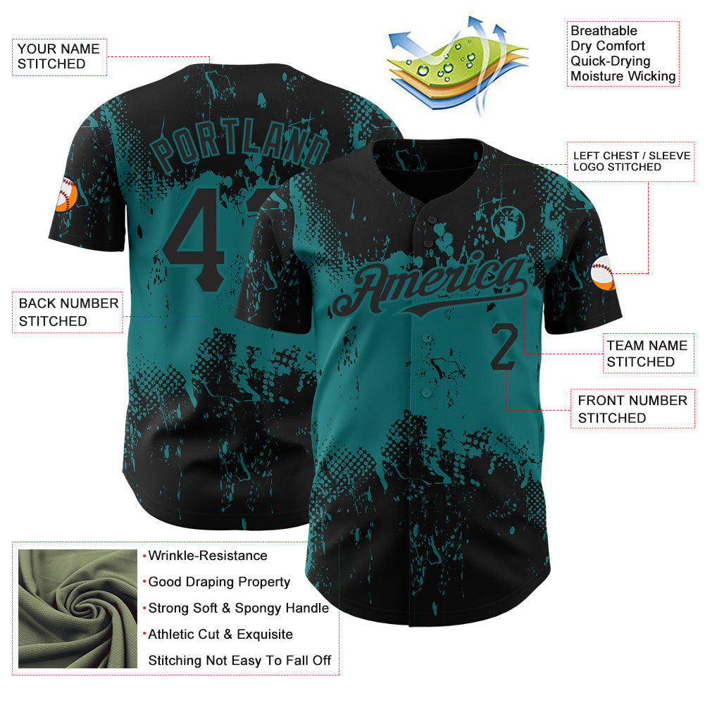 Custom Black Teal 3D Pattern Design Abstract Splatter Grunge Art Authentic Baseball Jersey - Sky-Custom