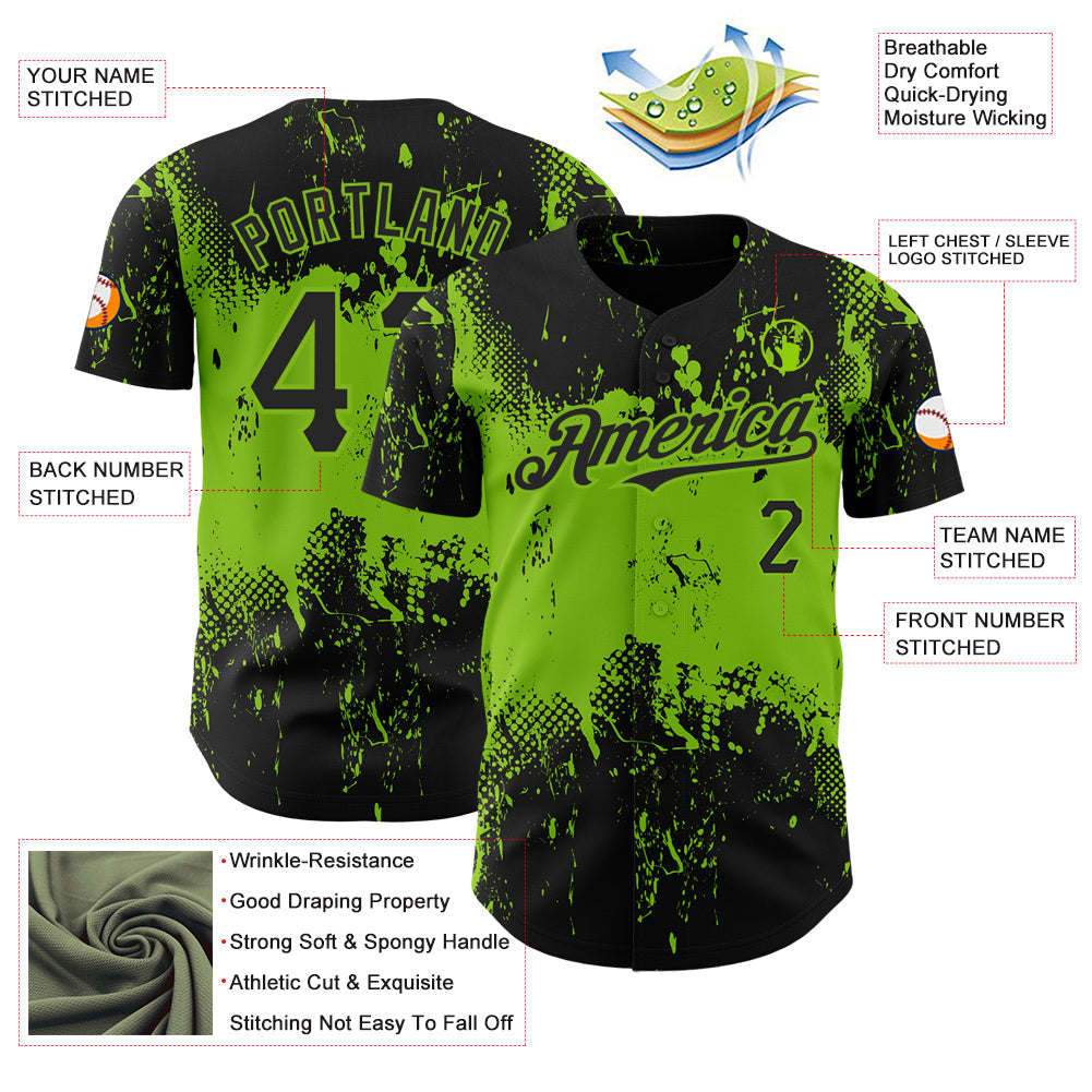 Custom Black Neon Green 3D Pattern Design Abstract Splatter Grunge Art Authentic Baseball Jersey - Sky-Custom