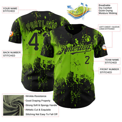 Custom Black Neon Green 3D Pattern Design Abstract Splatter Grunge Art Authentic Baseball Jersey - Sky-Custom