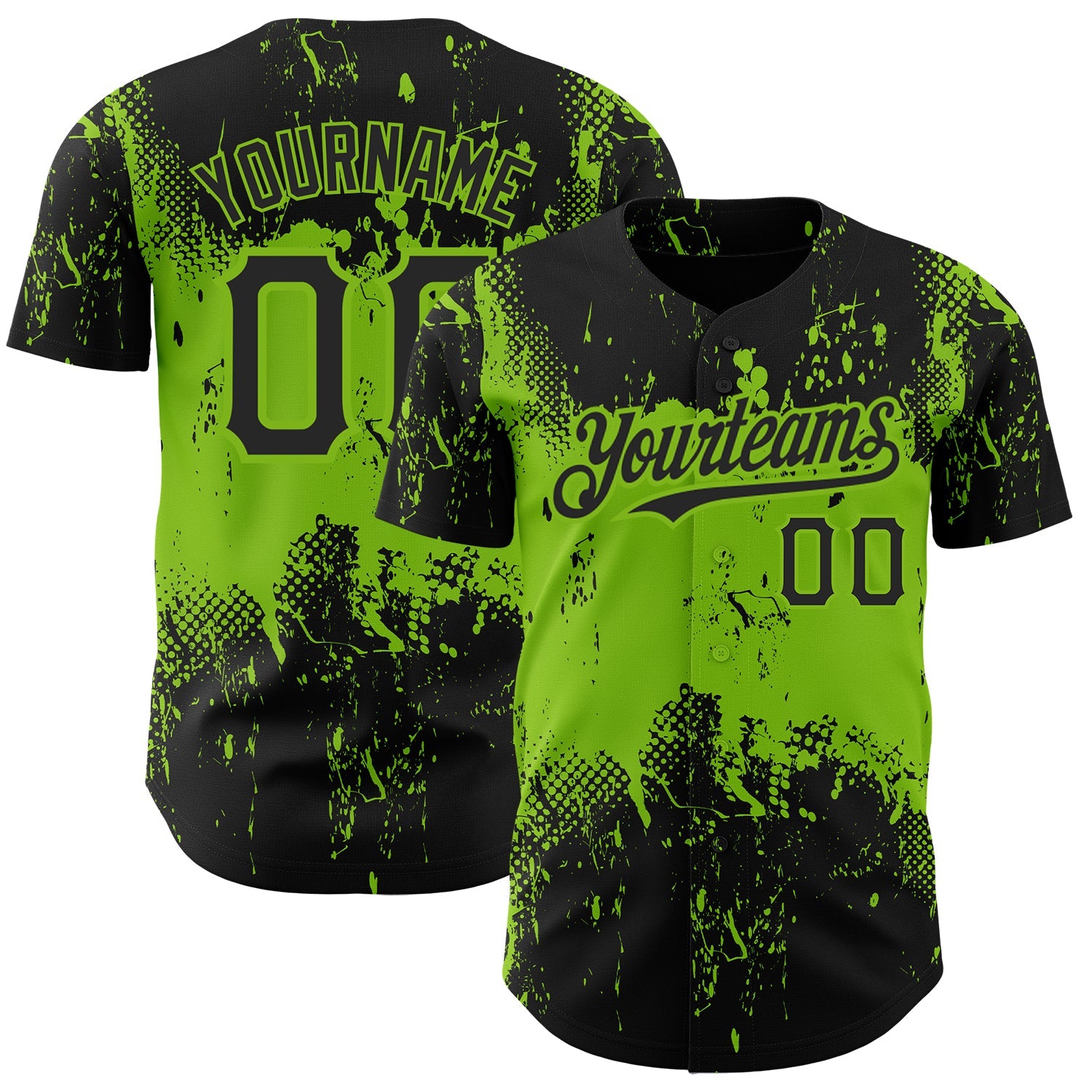 Custom Black Neon Green 3D Pattern Design Abstract Splatter Grunge Art Authentic Baseball Jersey - Sky-Custom
