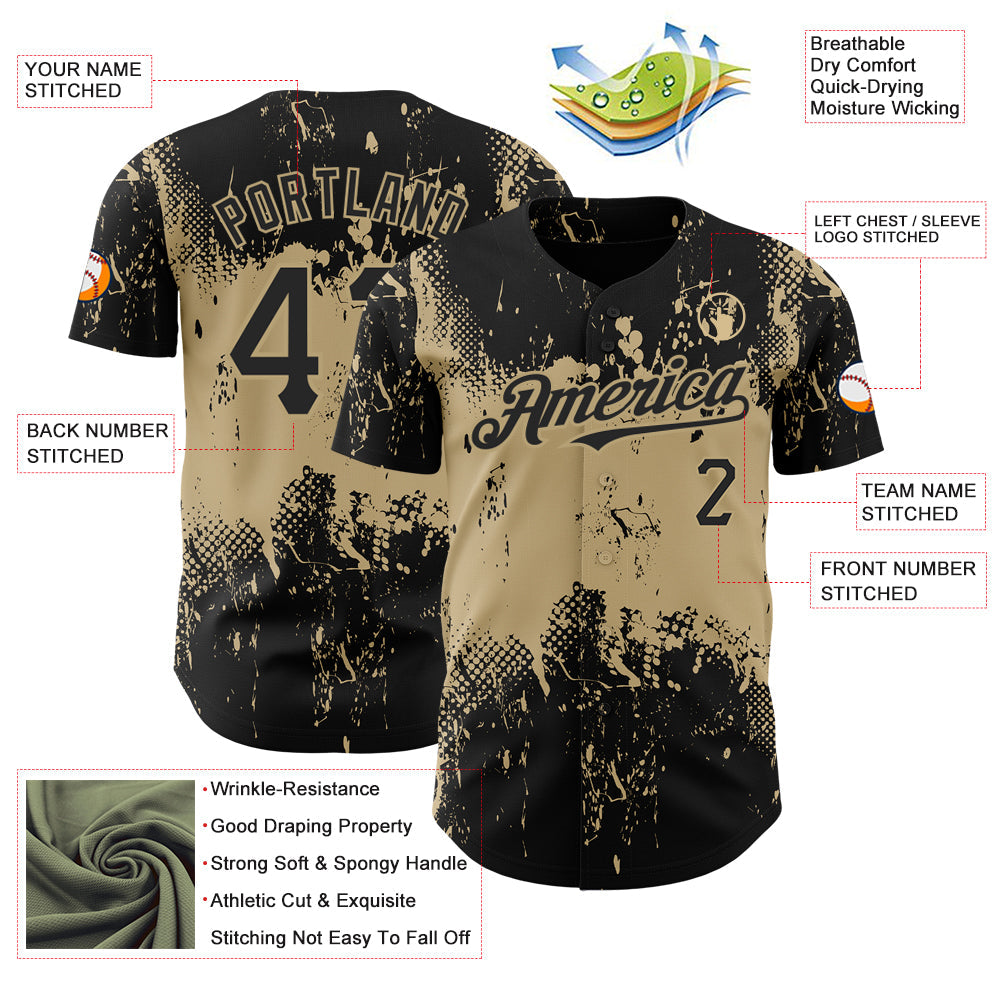 Custom Black Vegas Gold 3D Pattern Design Abstract Splatter Grunge Art Authentic Baseball Jersey - Sky-Custom