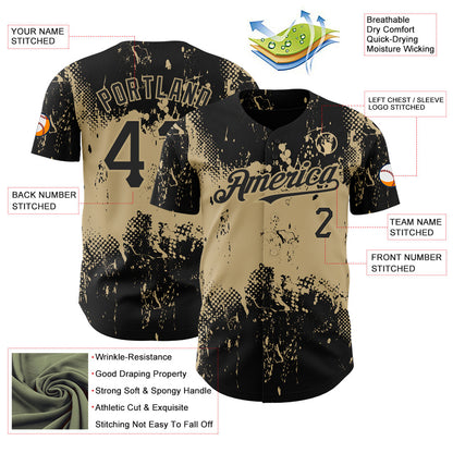 Custom Black Vegas Gold 3D Pattern Design Abstract Splatter Grunge Art Authentic Baseball Jersey - Sky-Custom