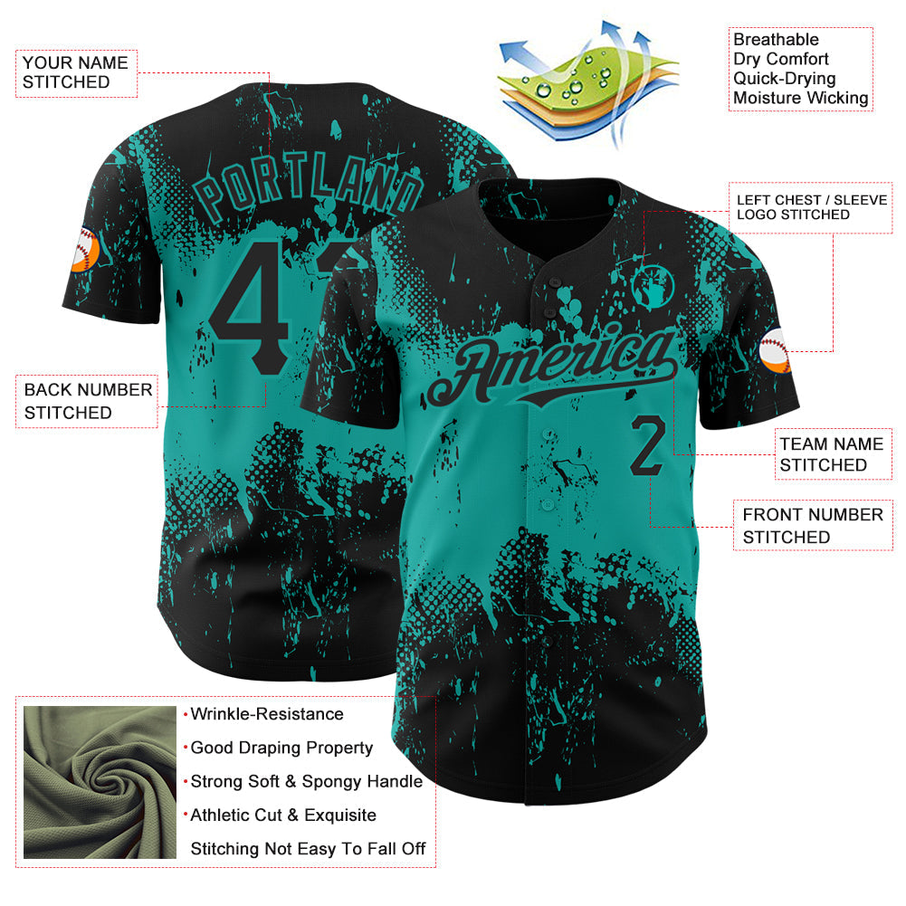 Custom Black Aqua 3D Pattern Design Abstract Splatter Grunge Art Authentic Baseball Jersey - Sky-Custom