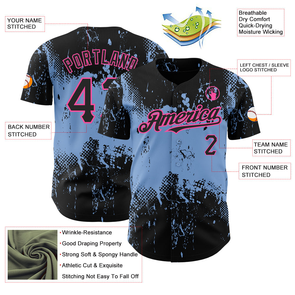 Custom Black Light Blue-Pink 3D Pattern Design Abstract Splatter Grunge Art Authentic Baseball Jersey - Sky-Custom