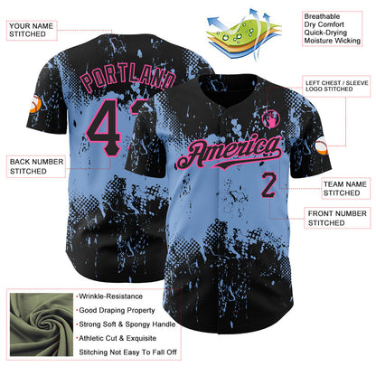 Custom Black Light Blue-Pink 3D Pattern Design Abstract Splatter Grunge Art Authentic Baseball Jersey - Sky-Custom