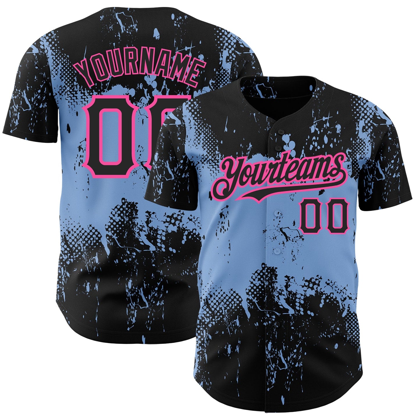 Custom Black Light Blue-Pink 3D Pattern Design Abstract Splatter Grunge Art Authentic Baseball Jersey - Sky-Custom