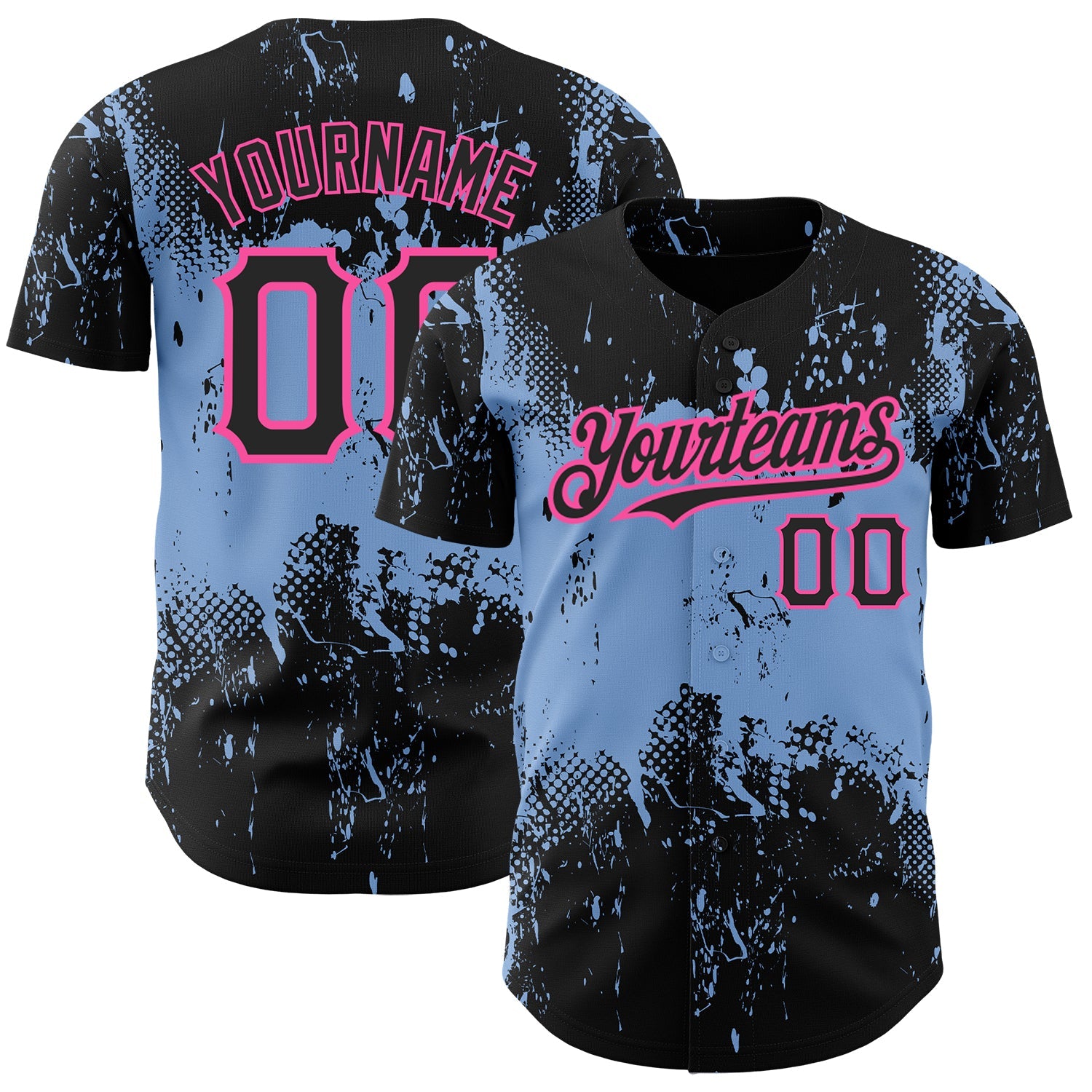 Custom Black Light Blue-Pink 3D Pattern Design Abstract Splatter Grunge Art Authentic Baseball Jersey - Sky-Custom