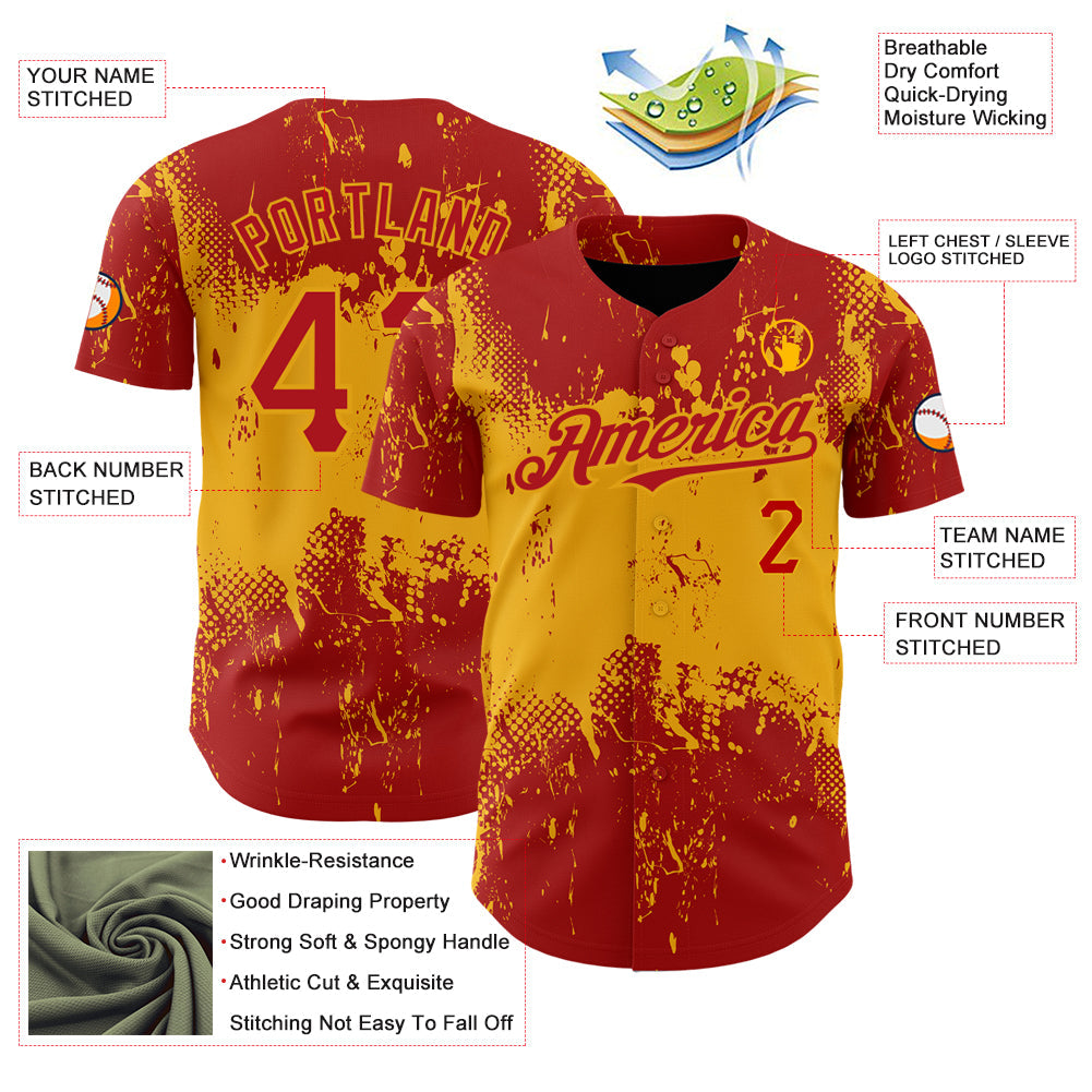 Custom Red Gold 3D Pattern Design Abstract Splatter Grunge Art Authentic Baseball Jersey - Sky-Custom