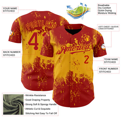 Custom Red Gold 3D Pattern Design Abstract Splatter Grunge Art Authentic Baseball Jersey - Sky-Custom