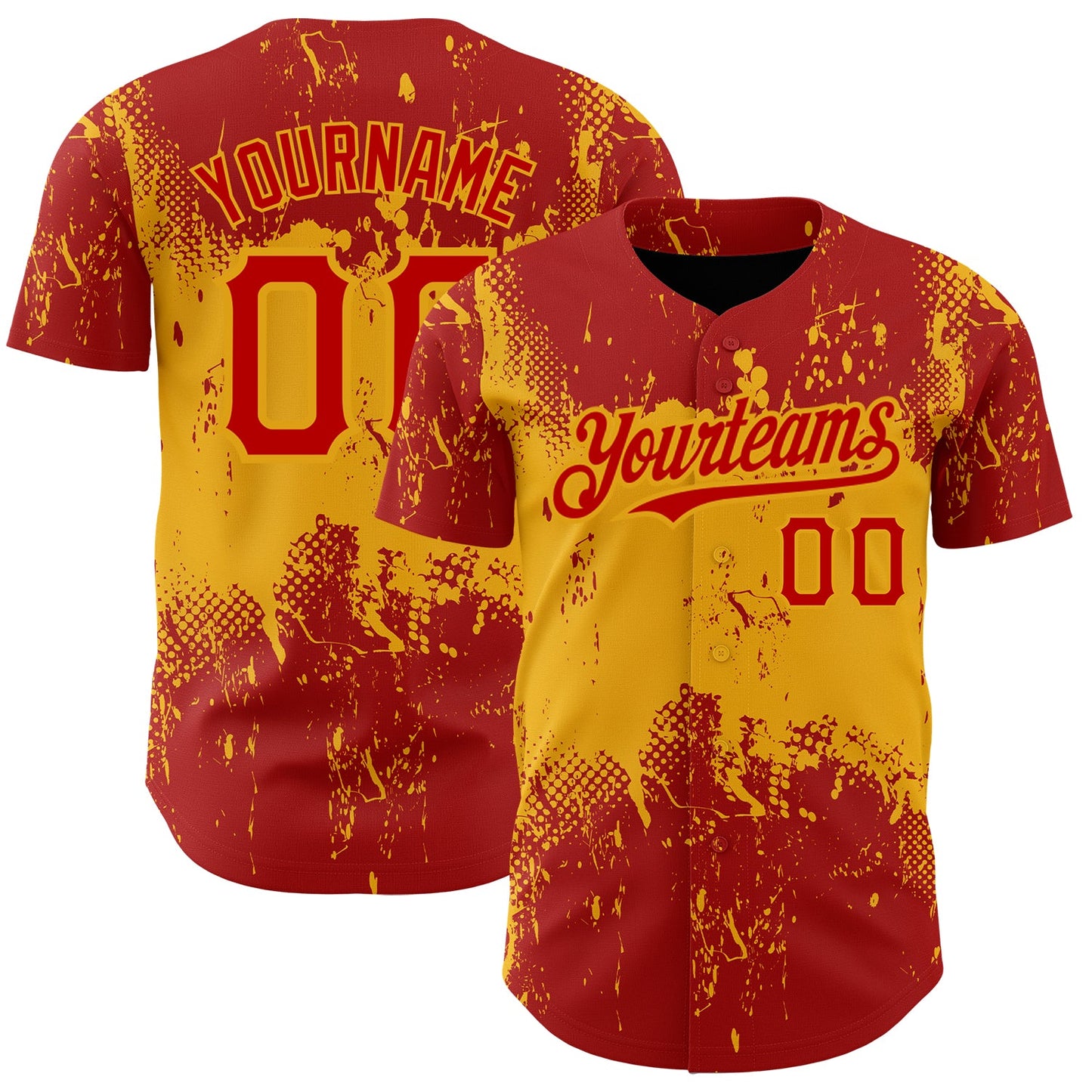 Custom Red Gold 3D Pattern Design Abstract Splatter Grunge Art Authentic Baseball Jersey - Sky-Custom