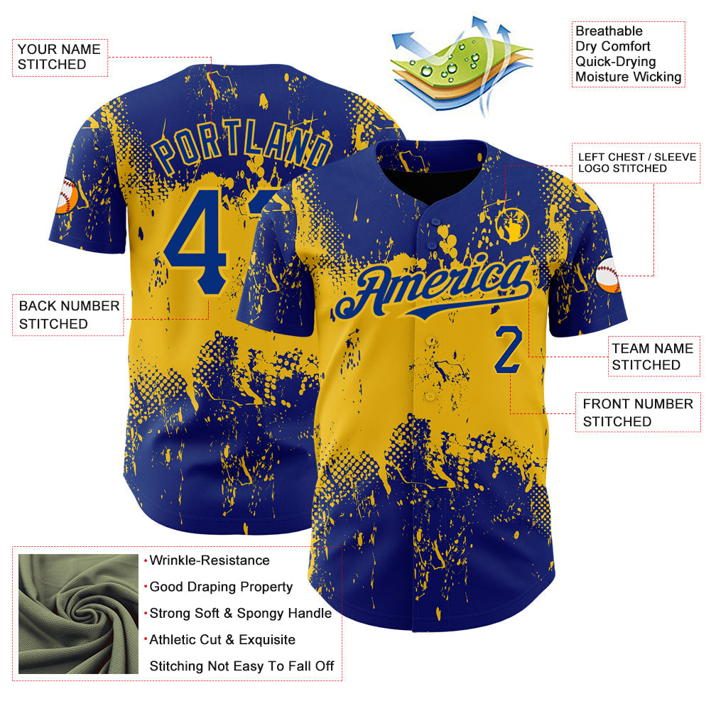 Custom Royal Yellow 3D Pattern Design Abstract Splatter Grunge Art Authentic Baseball Jersey - Sky-Custom