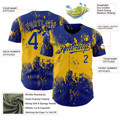 Custom Royal Yellow 3D Pattern Design Abstract Splatter Grunge Art Authentic Baseball Jersey - Sky-Custom