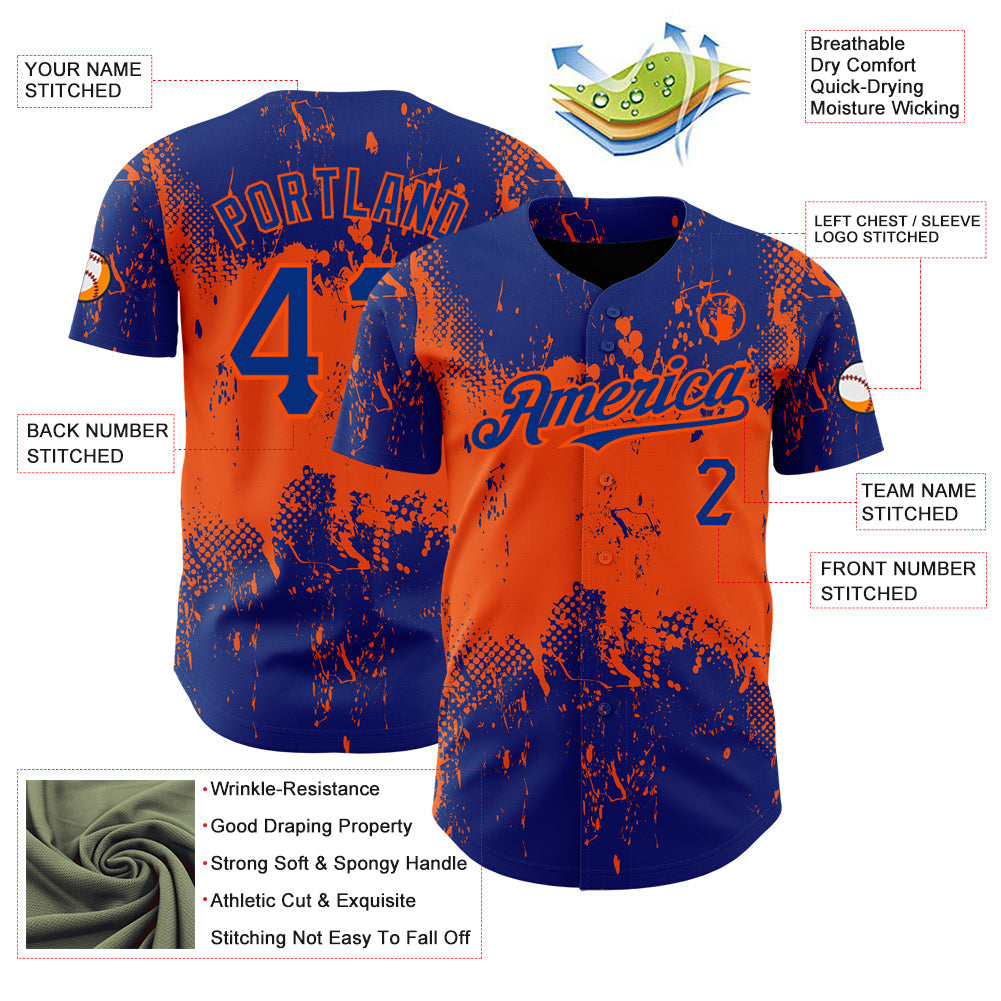 Custom Royal Orange 3D Pattern Design Abstract Splatter Grunge Art Authentic Baseball Jersey - Sky-Custom