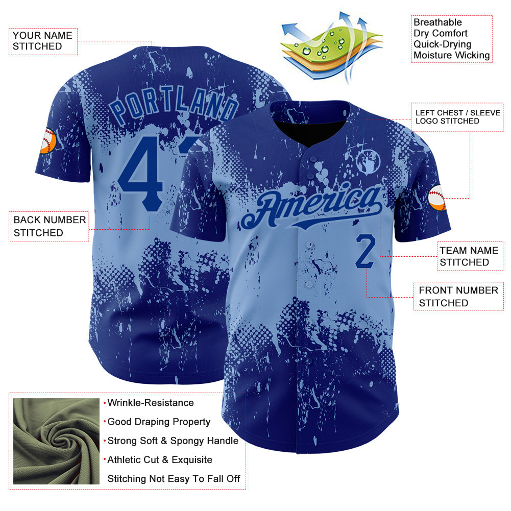 Custom Royal Light Blue 3D Pattern Design Abstract Splatter Grunge Art Authentic Baseball Jersey - Sky-Custom