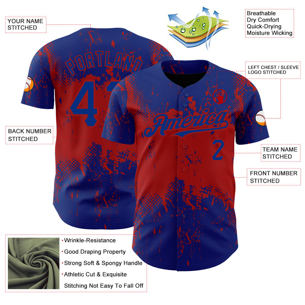 Custom Royal Red 3D Pattern Design Abstract Splatter Grunge Art Authentic Baseball Jersey - Sky-Custom