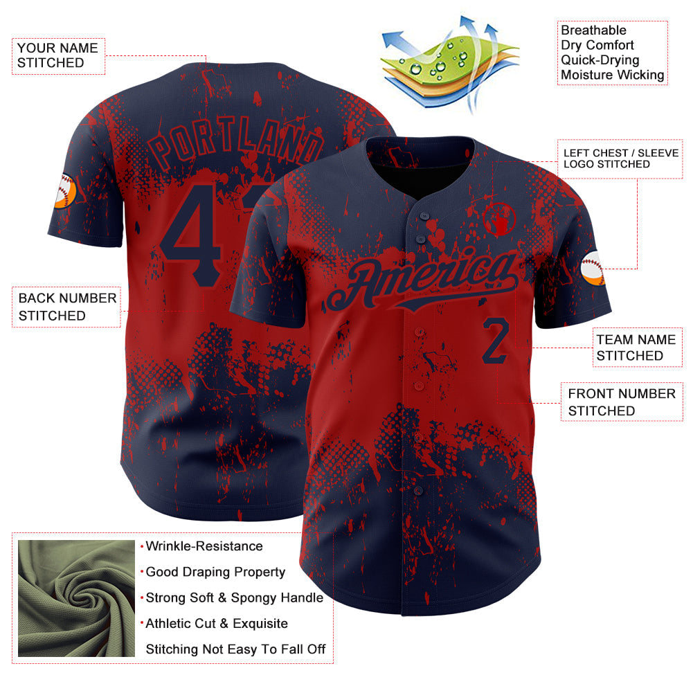 Custom Navy Red 3D Pattern Design Abstract Splatter Grunge Art Authentic Baseball Jersey - Sky-Custom