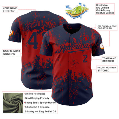 Custom Navy Red 3D Pattern Design Abstract Splatter Grunge Art Authentic Baseball Jersey - Sky-Custom