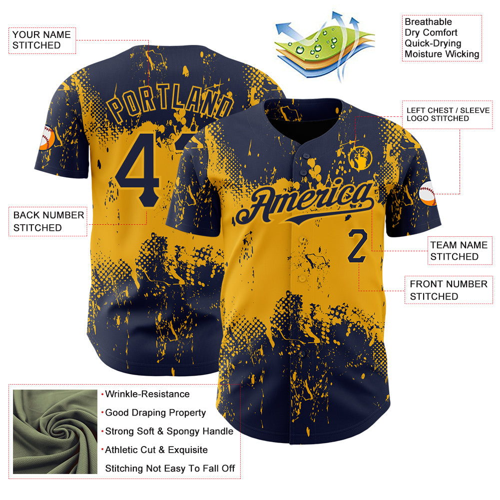 Custom Navy Gold 3D Pattern Design Abstract Splatter Grunge Art Authentic Baseball Jersey - Sky-Custom