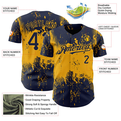 Custom Navy Gold 3D Pattern Design Abstract Splatter Grunge Art Authentic Baseball Jersey - Sky-Custom