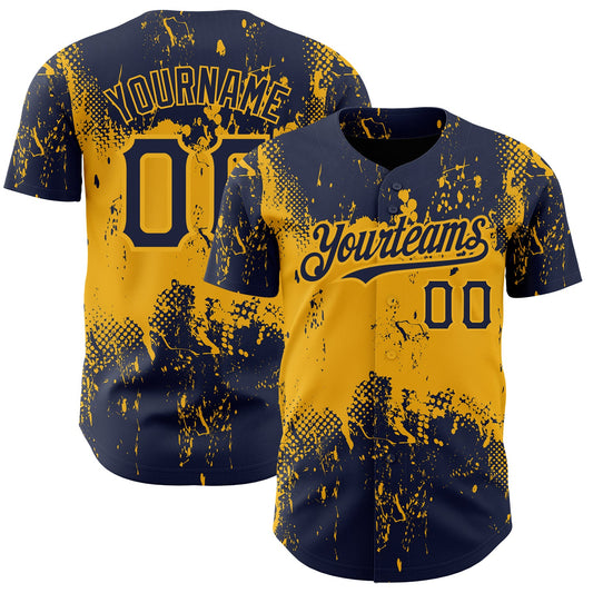 Custom Navy Gold 3D Pattern Design Abstract Splatter Grunge Art Authentic Baseball Jersey - Sky-Custom