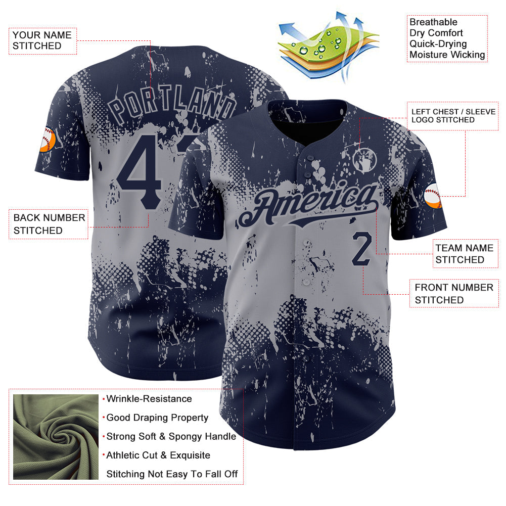 Custom Navy Gray 3D Pattern Design Abstract Splatter Grunge Art Authentic Baseball Jersey - Sky-Custom
