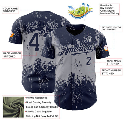 Custom Navy Gray 3D Pattern Design Abstract Splatter Grunge Art Authentic Baseball Jersey - Sky-Custom