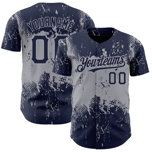 Custom Navy Gray 3D Pattern Design Abstract Splatter Grunge Art Authentic Baseball Jersey - Sky-Custom