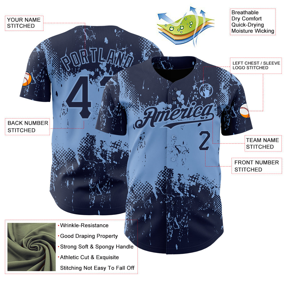 Custom Navy Light Blue 3D Pattern Design Abstract Splatter Grunge Art Authentic Baseball Jersey - Sky-Custom