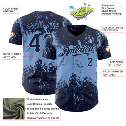 Custom Navy Light Blue 3D Pattern Design Abstract Splatter Grunge Art Authentic Baseball Jersey - Sky-Custom