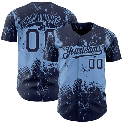 Custom Navy Light Blue 3D Pattern Design Abstract Splatter Grunge Art Authentic Baseball Jersey - Sky-Custom