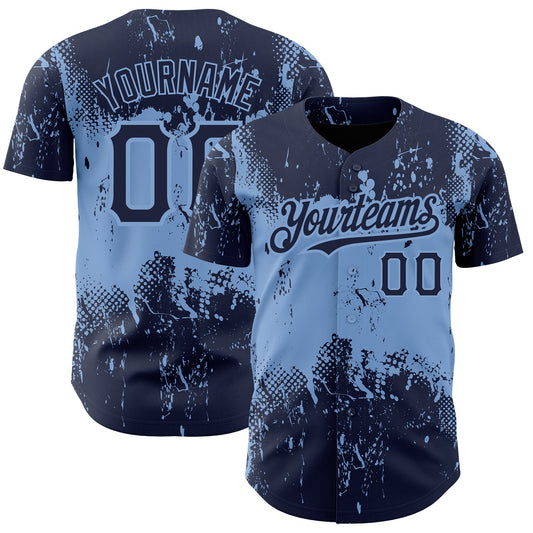 Custom Navy Light Blue 3D Pattern Design Abstract Splatter Grunge Art Authentic Baseball Jersey - Sky-Custom