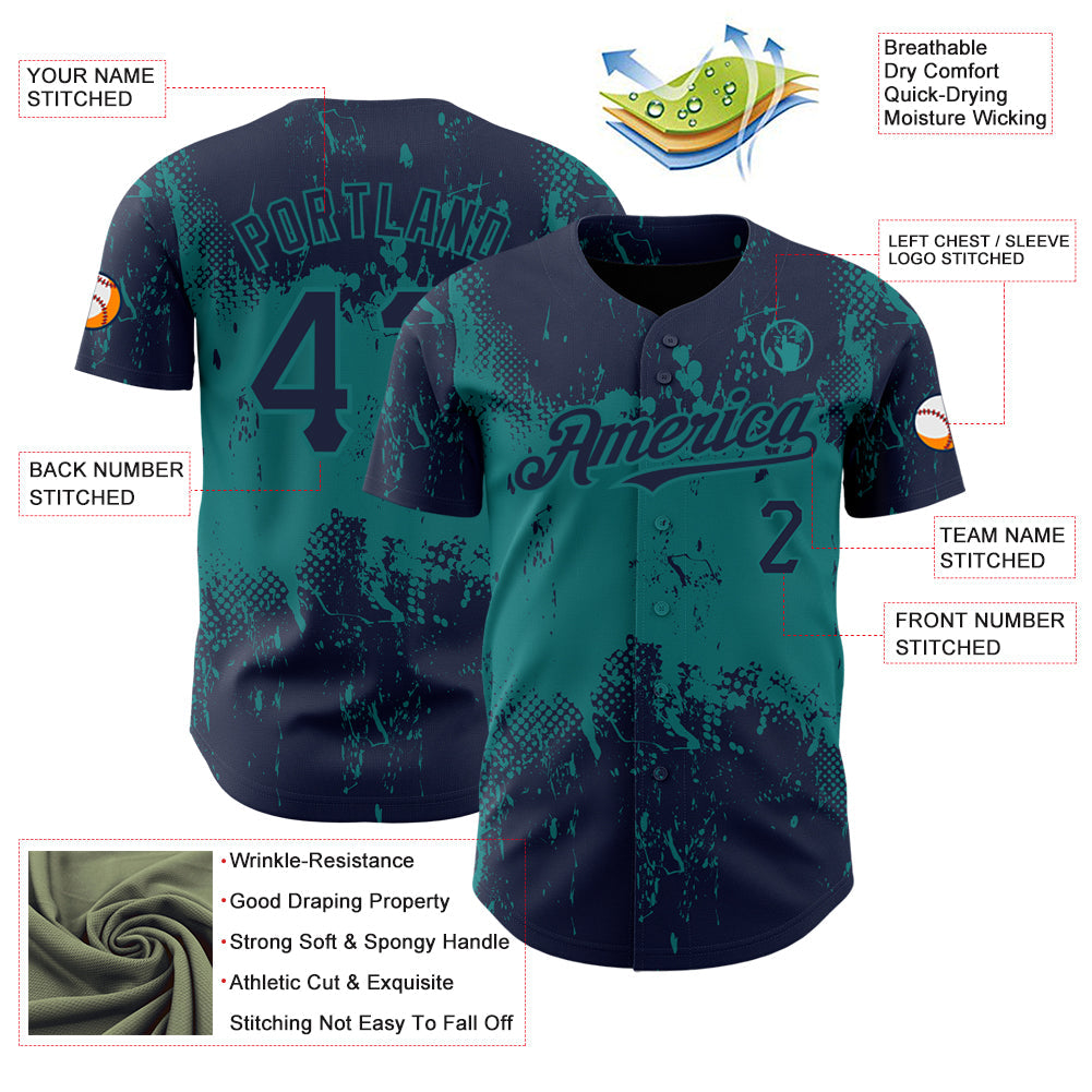 Custom Navy Teal 3D Pattern Design Abstract Splatter Grunge Art Authentic Baseball Jersey - Sky-Custom