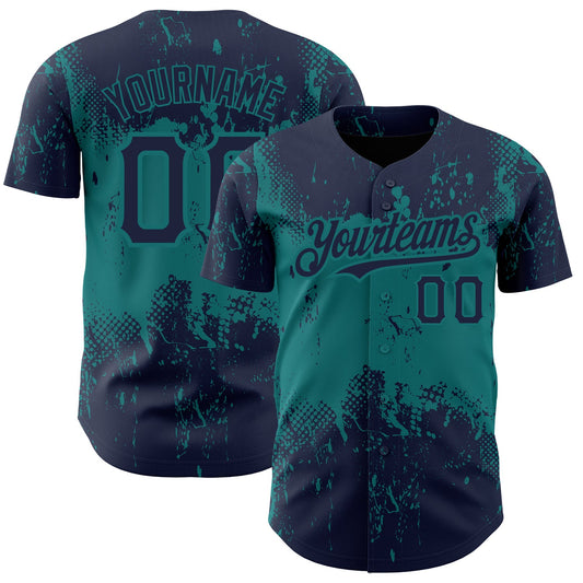 Custom Navy Teal 3D Pattern Design Abstract Splatter Grunge Art Authentic Baseball Jersey - Sky-Custom