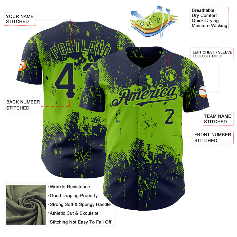 Custom Navy Neon Green 3D Pattern Design Abstract Splatter Grunge Art Authentic Baseball Jersey - Sky-Custom