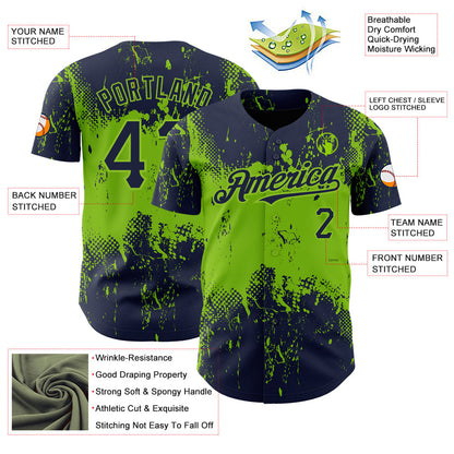 Custom Navy Neon Green 3D Pattern Design Abstract Splatter Grunge Art Authentic Baseball Jersey - Sky-Custom