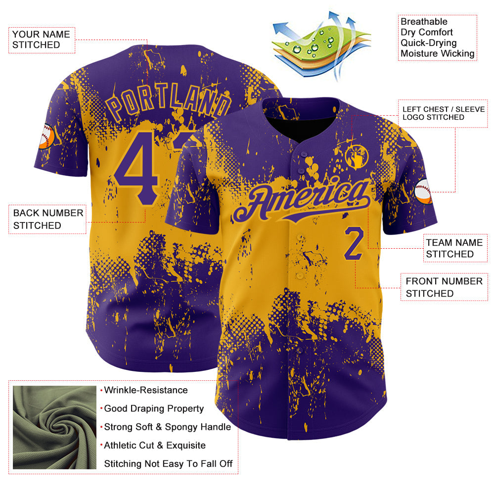 Custom Purple Gold 3D Pattern Design Abstract Splatter Grunge Art Authentic Baseball Jersey - Sky-Custom